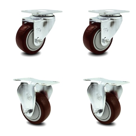 3 Inch Maroon Polyurethane Wheel Swivel Top Plate Caster Set With 2 Rigid SCC